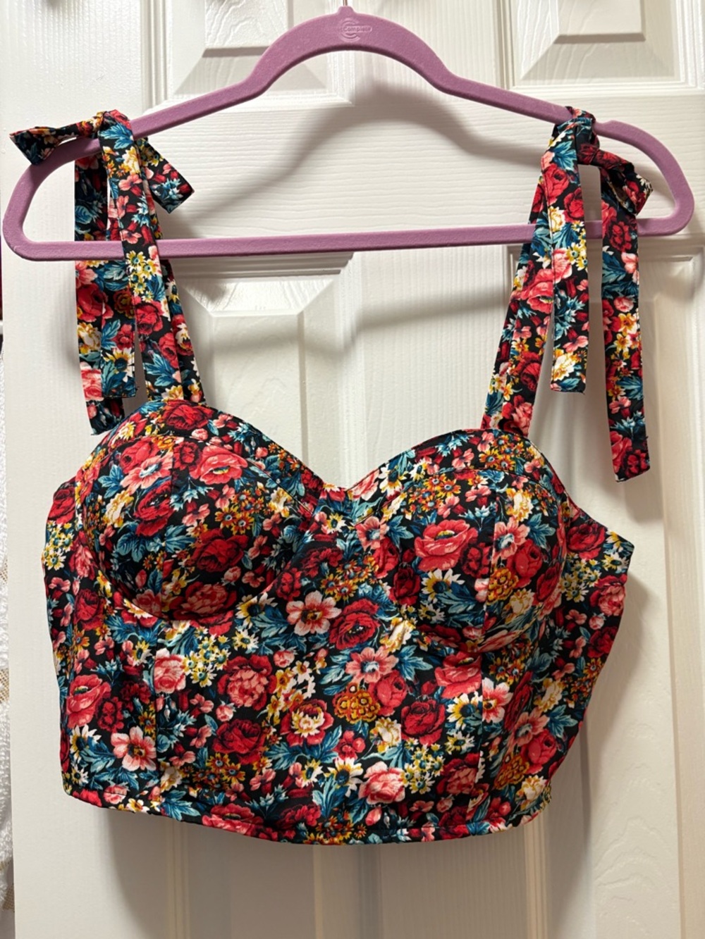 Floral Tie-Shoulder Bustier Crop Top - Red Floral
